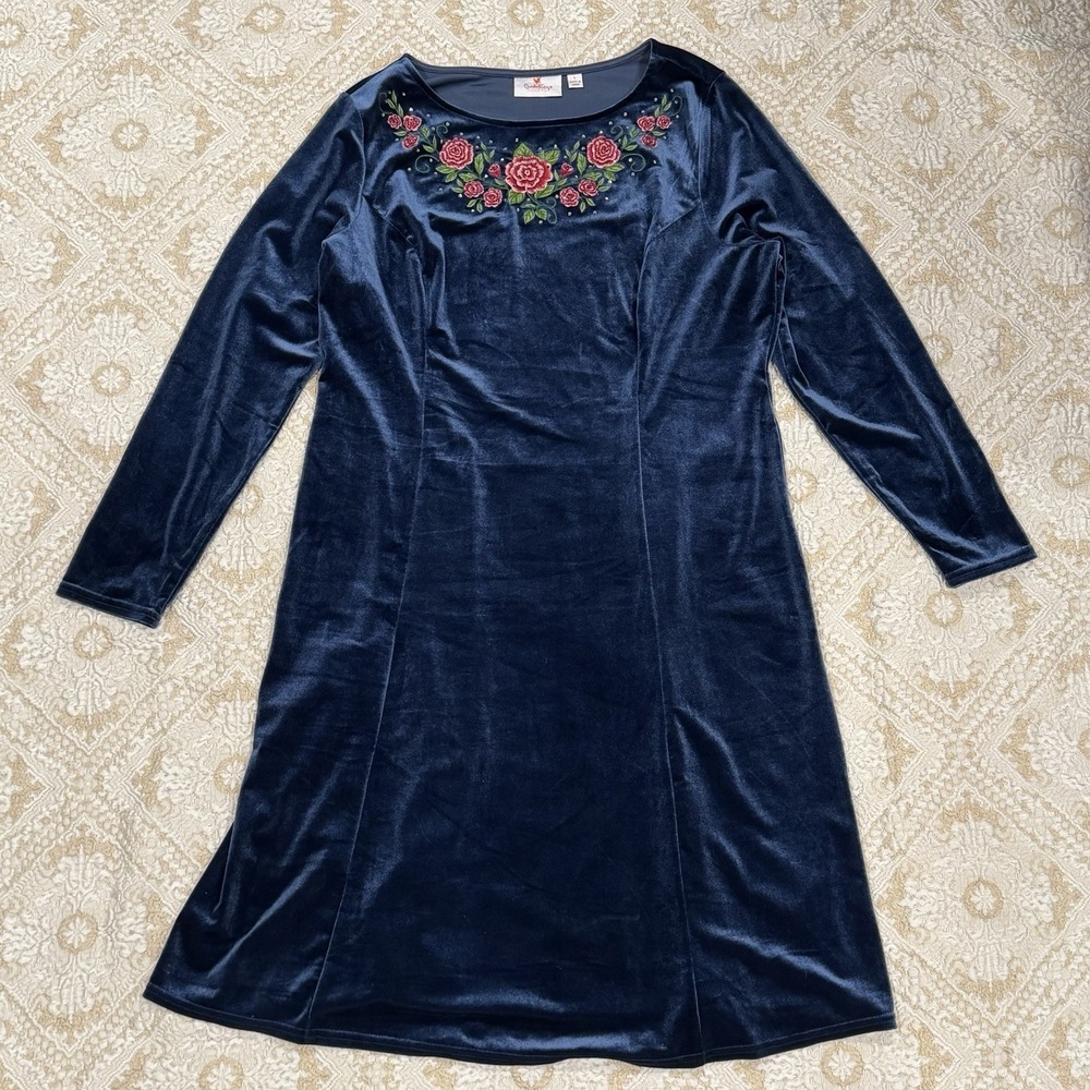 Quacker Factory Blue Velvet Dress L Embroidered Roses Granny Core‎ Cottage Fairy